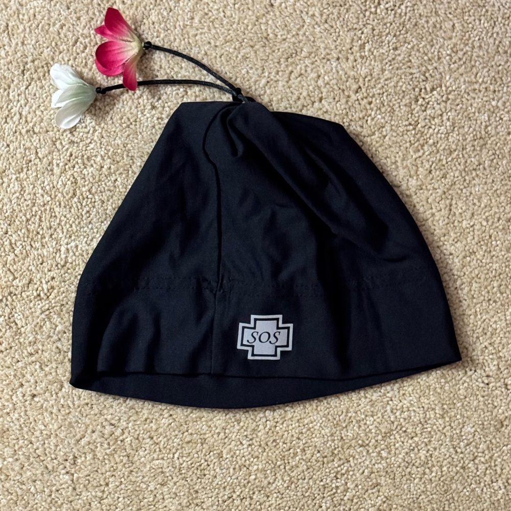 Black SOS Beanie Hat with flower tassels